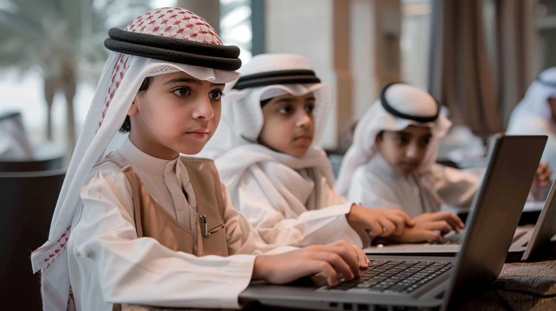 Schoolkid learning with laptops. The integration of new technologies into the curriculum