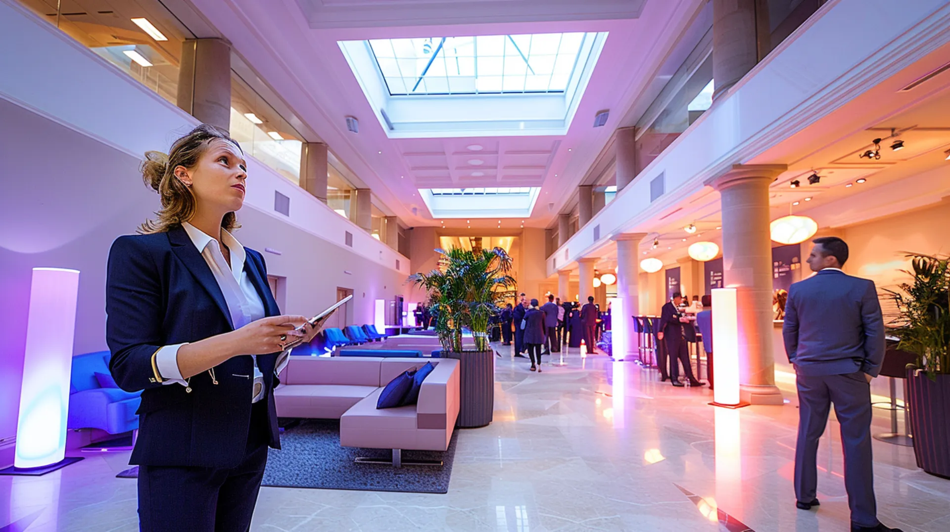 Event manager, a woman in a business suit, currently at work and overseeing an event. 