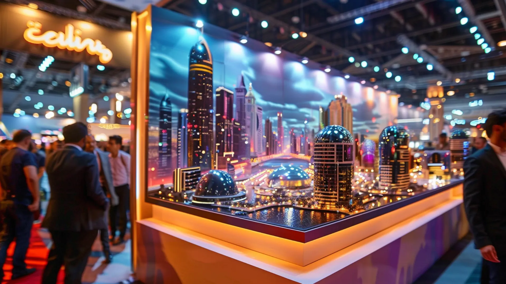 Expo exhibition in Dubai with a large crowd of people, featuring an exhibit in the foreground