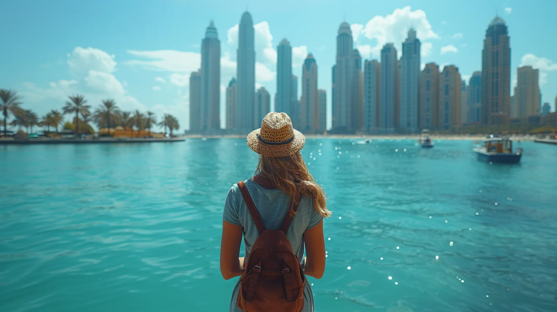 A female tourist exploring Dubai with the city skyline and sea in the background, carrying a backpack on her shoulders