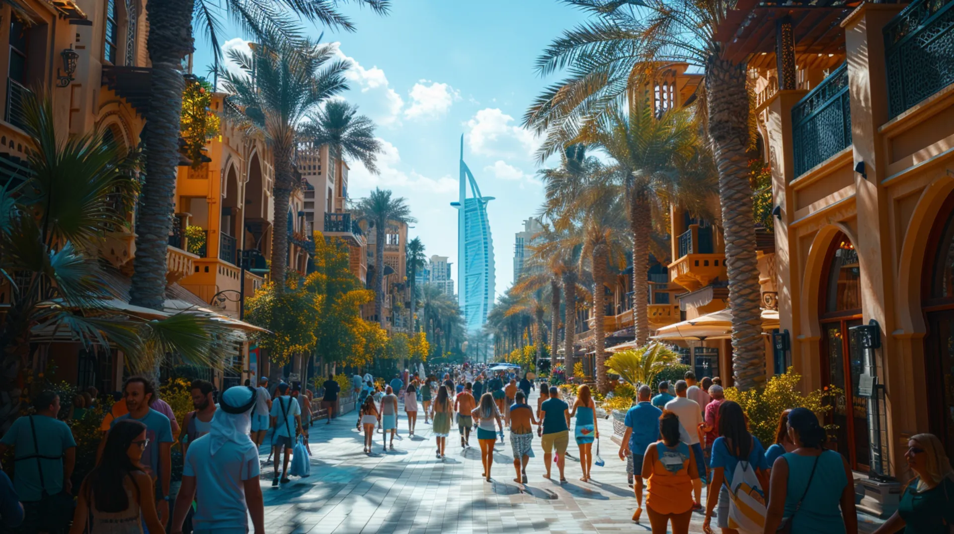 Many tourists on the streets of Dubai with hot and sunny weather, lined with villas and mansions, and skyscrapers visible in the background