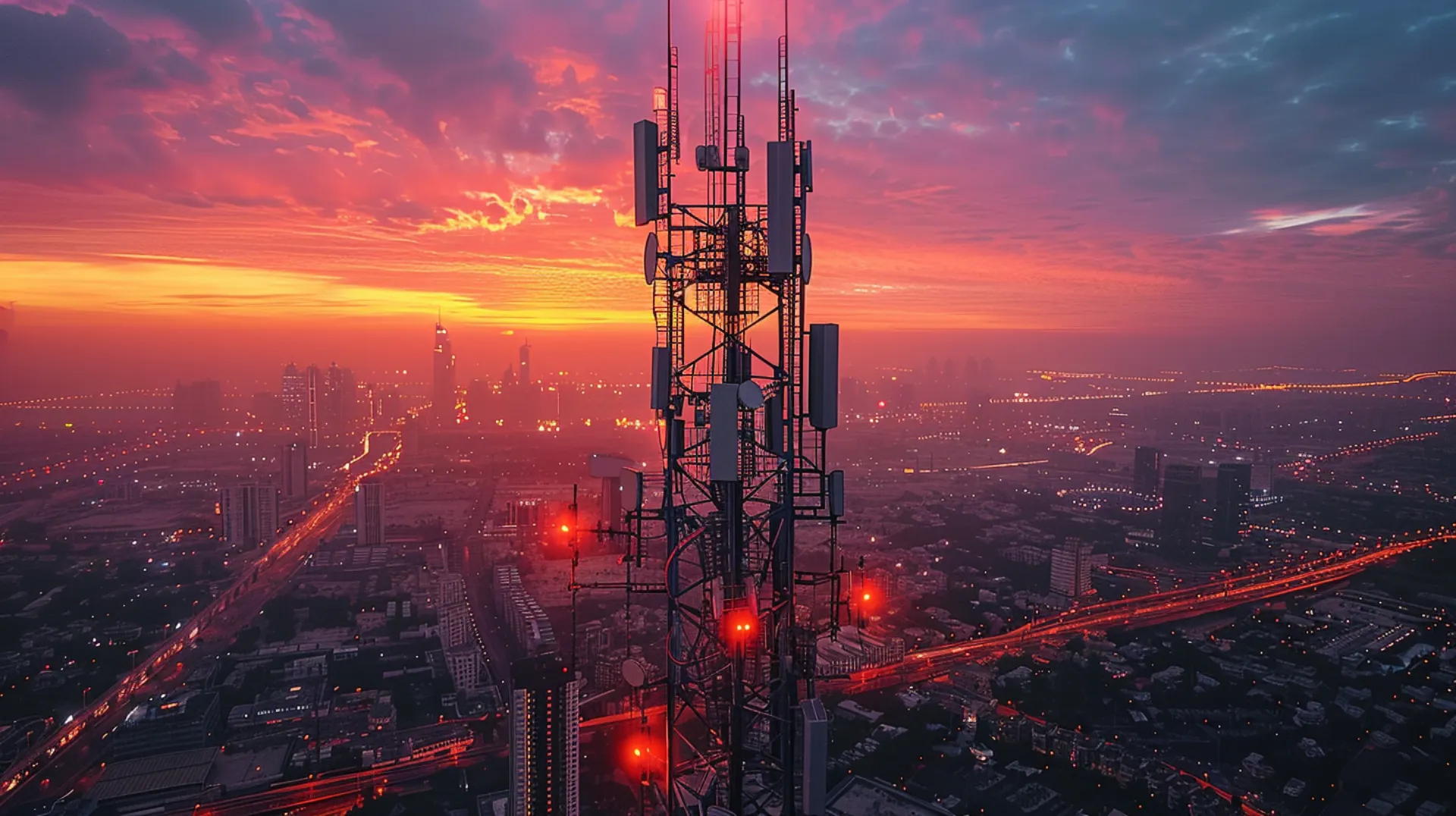 Modern 5G communication antenna in Dubai illuminated by the evening sun