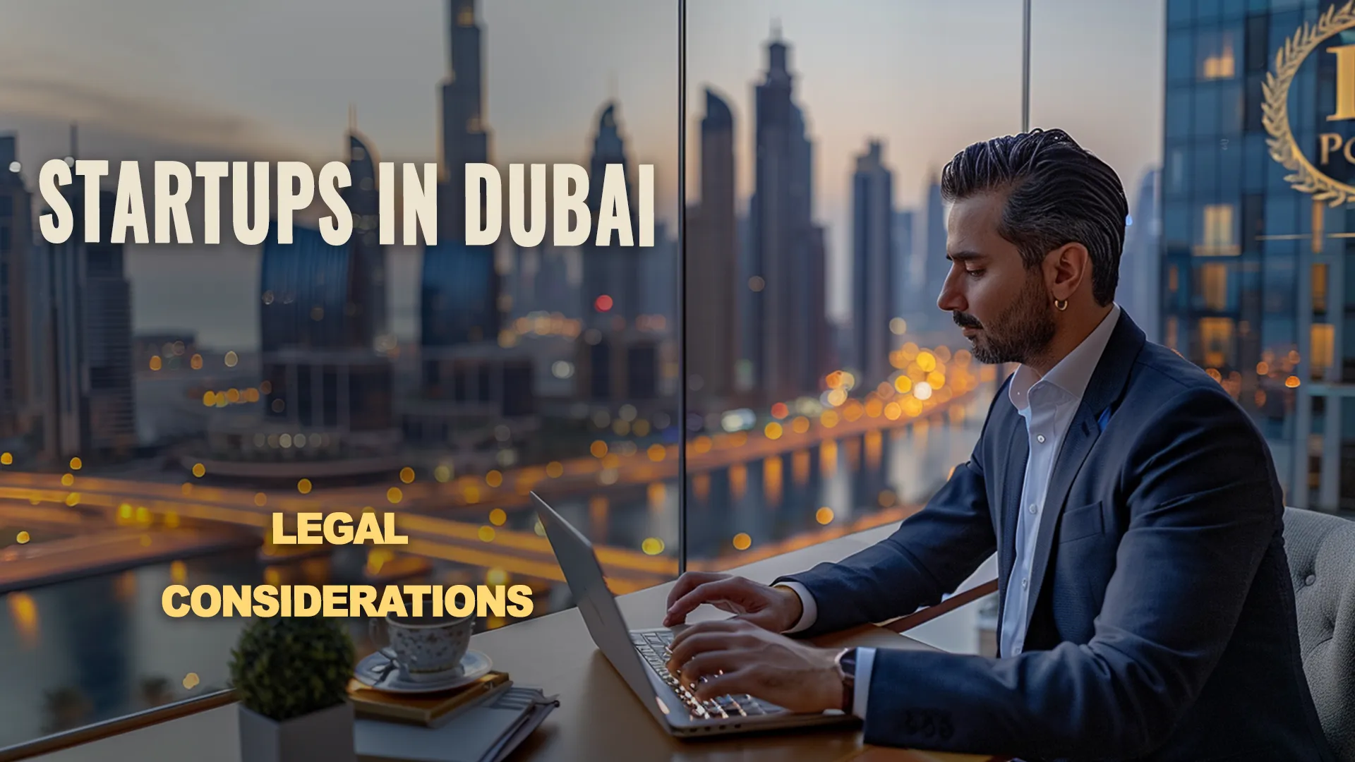 An entrepreneur working on a laptop in an office overlooking the evening cityscape of Dubai. He is dressed in a suit