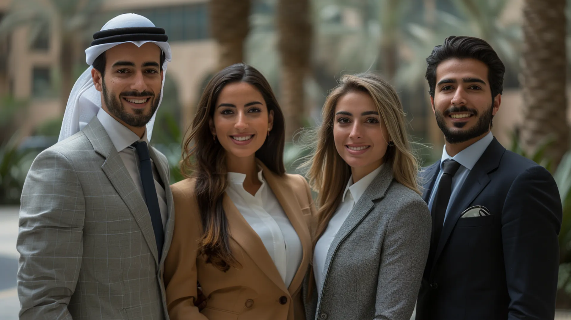 In the center, female entrepreneurs in suits are depicted, with male entrepreneurs in suits standing beside them. They are all smiling