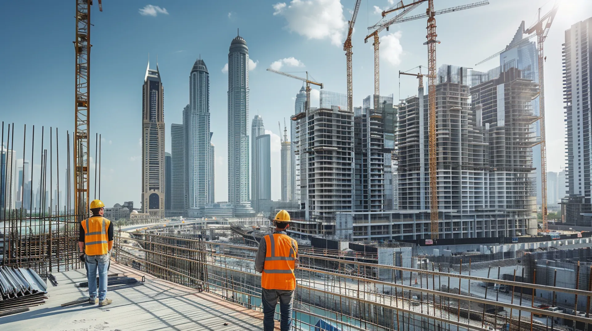 A construction site in Dubai employing cutting-edge construction technologies, with the Dubai cityscape visible in the background