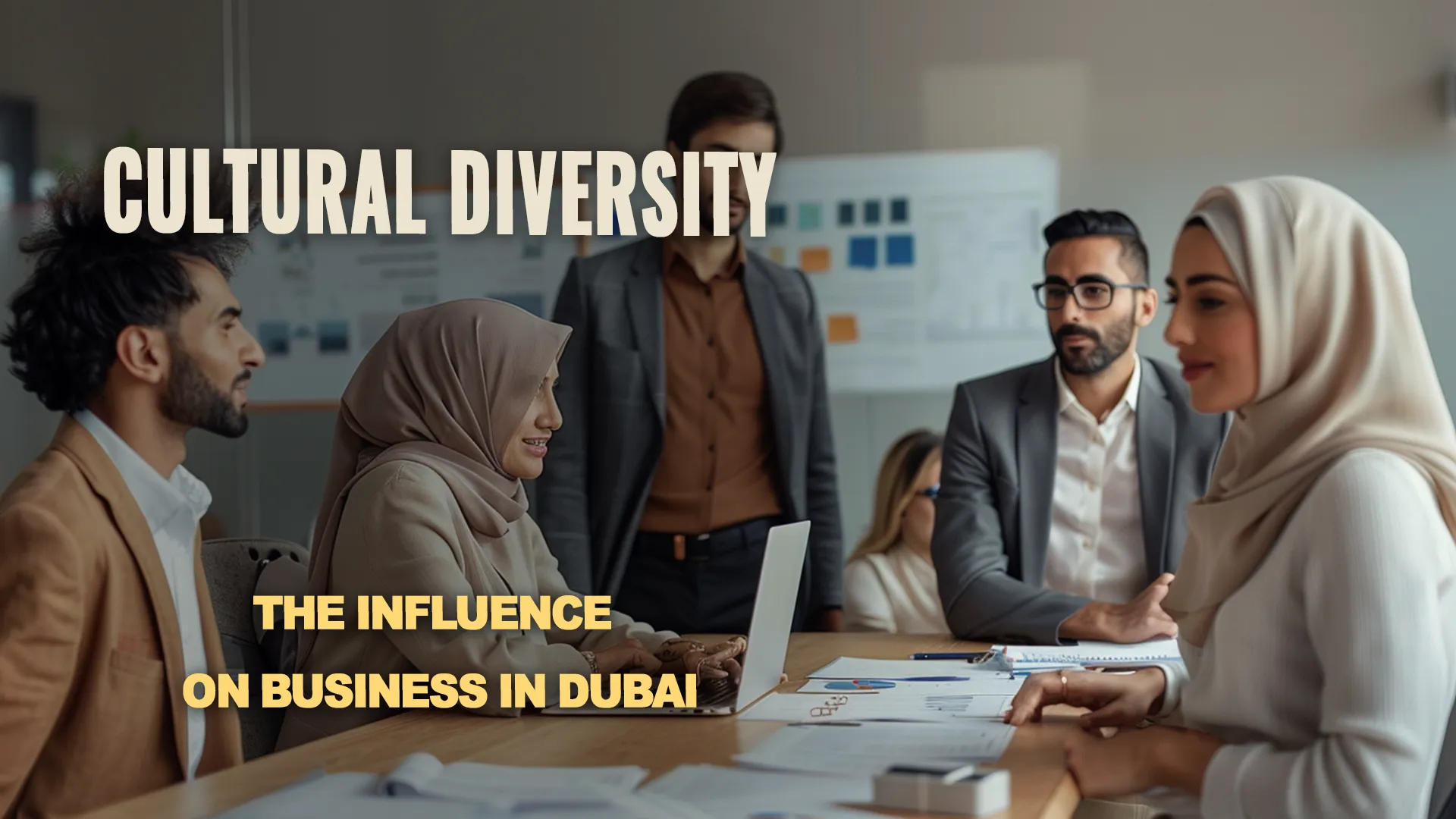 A diverse team of representatives from various cultures and nationalities working together on one project in Dubai