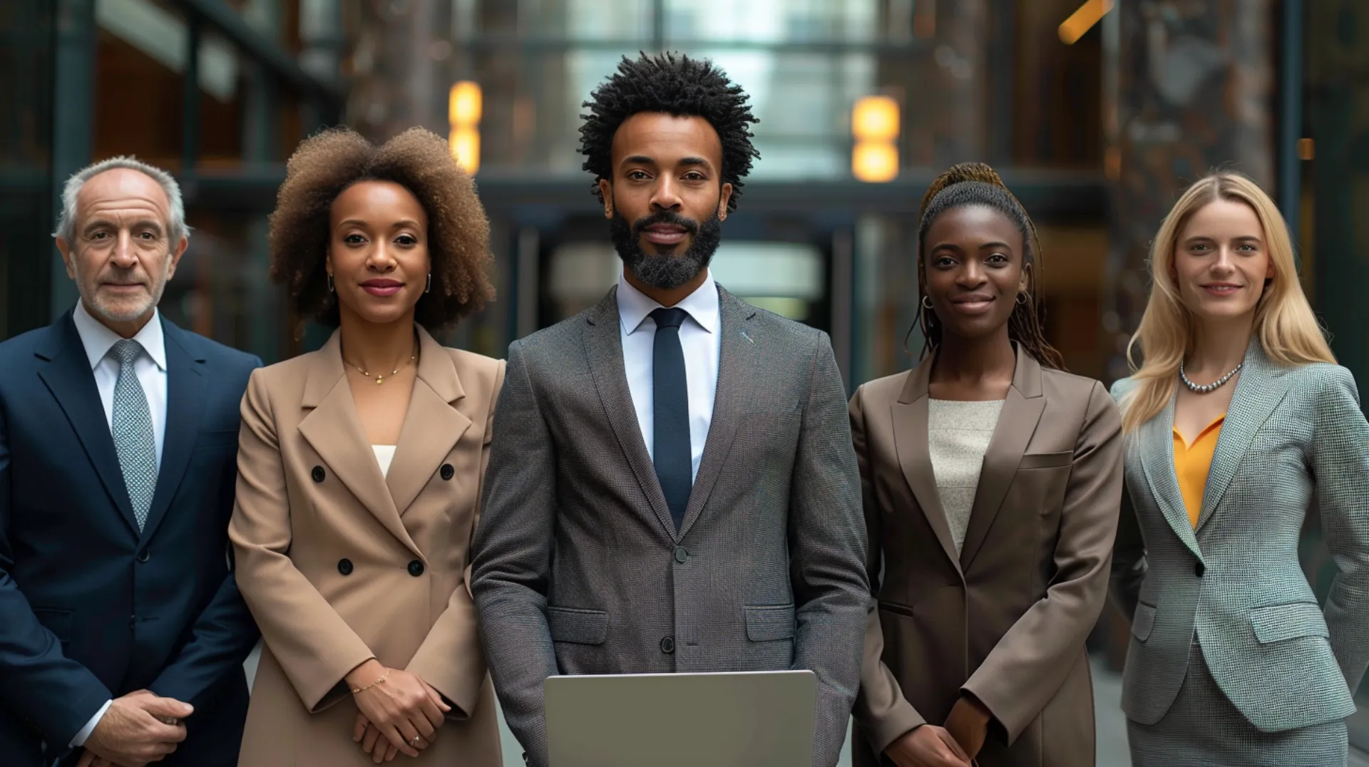 Corporate employees from various cultures and nationalities posing in a row. They are dressed in business suits and smiling