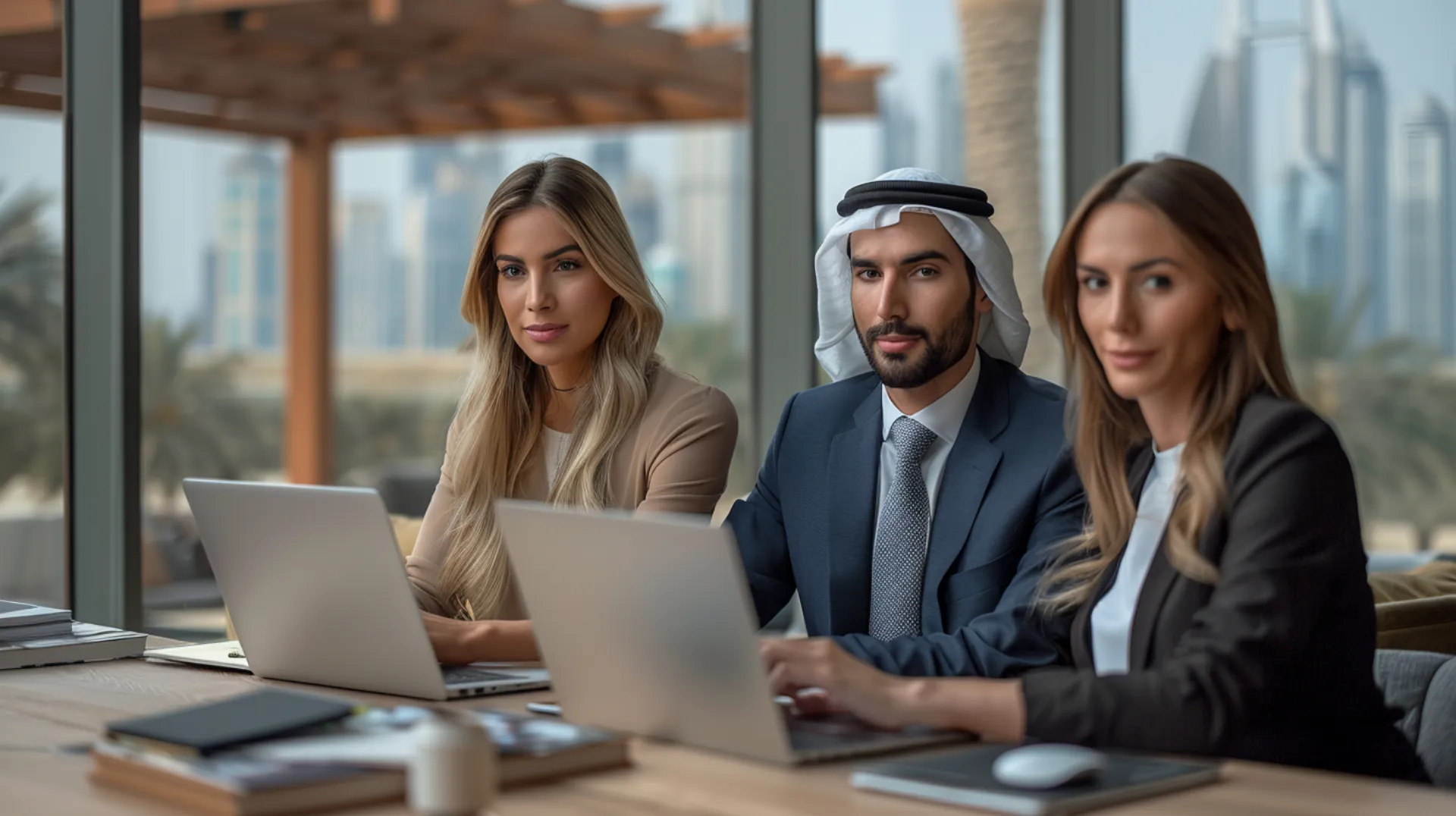 At the center of the table sits an Arab man in a business suit, flanked by European-looking women in business attire. They are working on laptops on one collaborative project