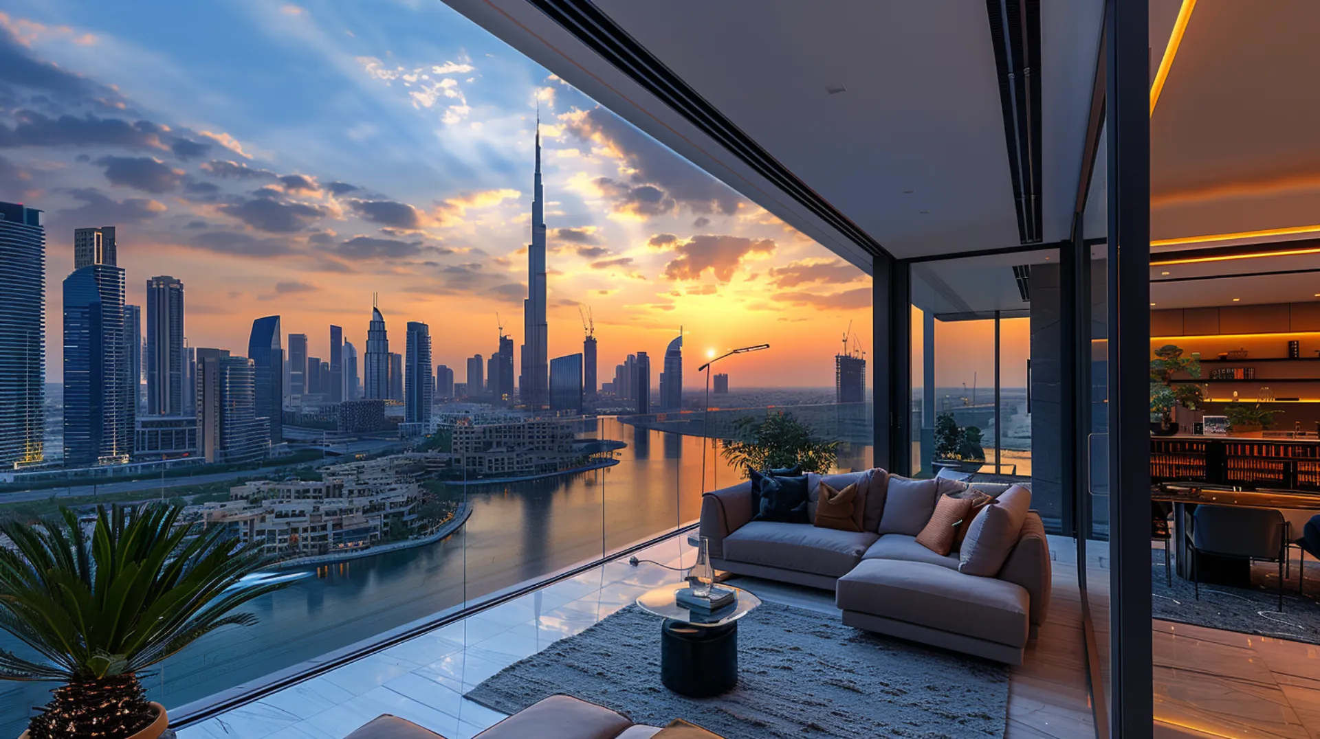 From the terrace of the skyscraper, a beautiful view of Dubai city unfolds, showcasing skyscrapers and villas, with chairs for relaxation 