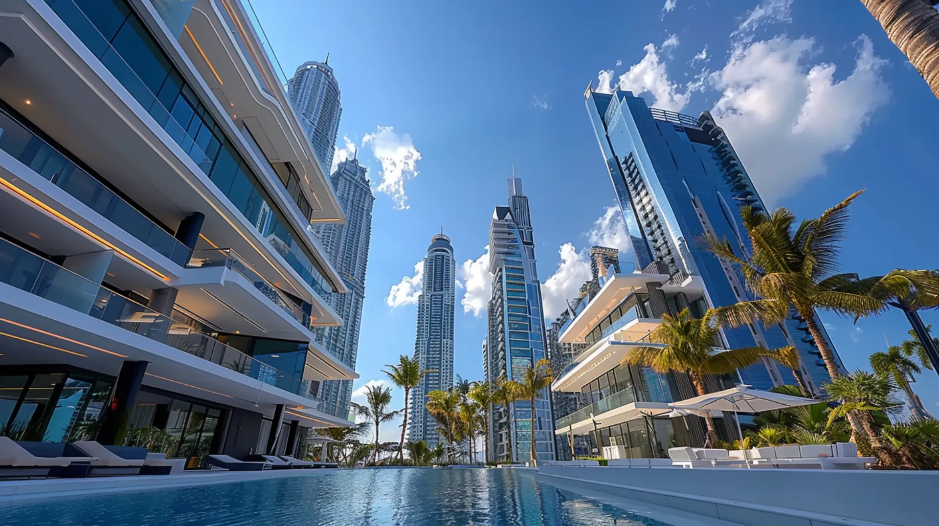 View of modern and futuristic elite villas and skyscrapers in downtown Dubai