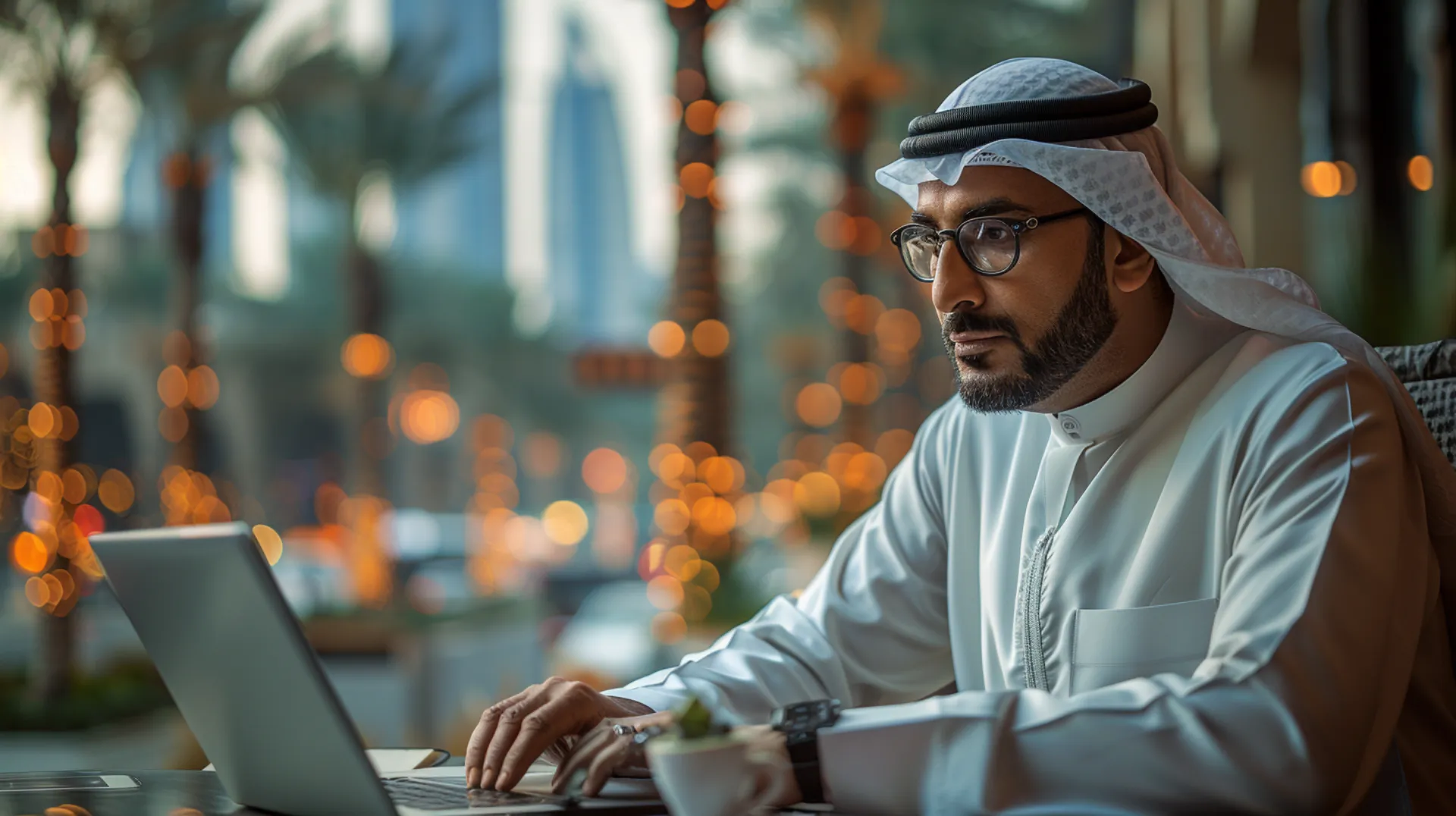 : A courier drone flying over the city of Dubai, piloted by a man in a white robe