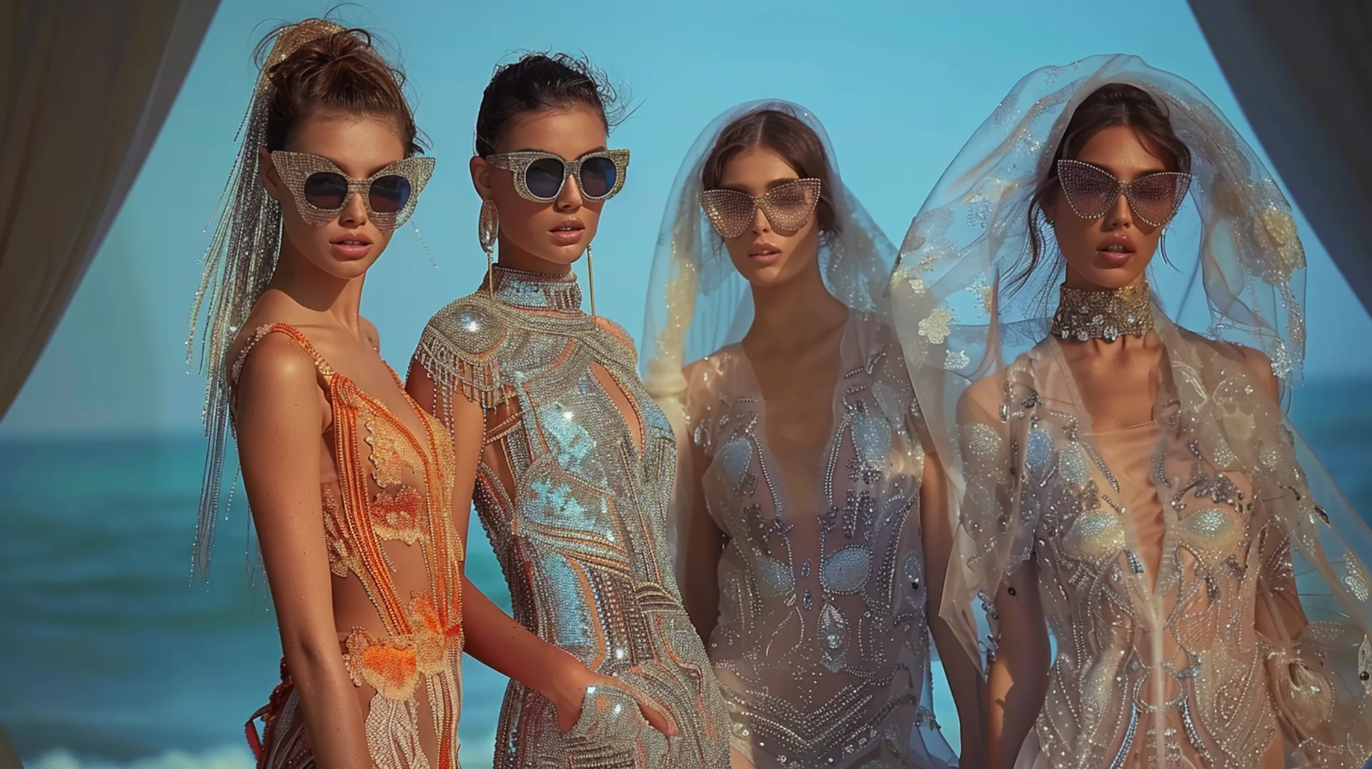 Four models in evening attire and sunglasses pose during an outdoor photoshoot