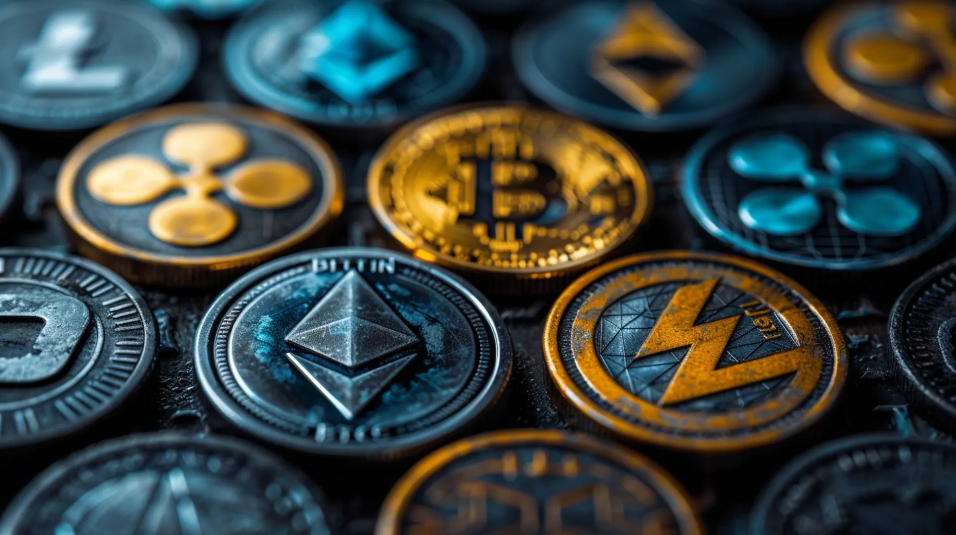 A close-up showcasing various cryptocurrency coins to demonstrate diversity