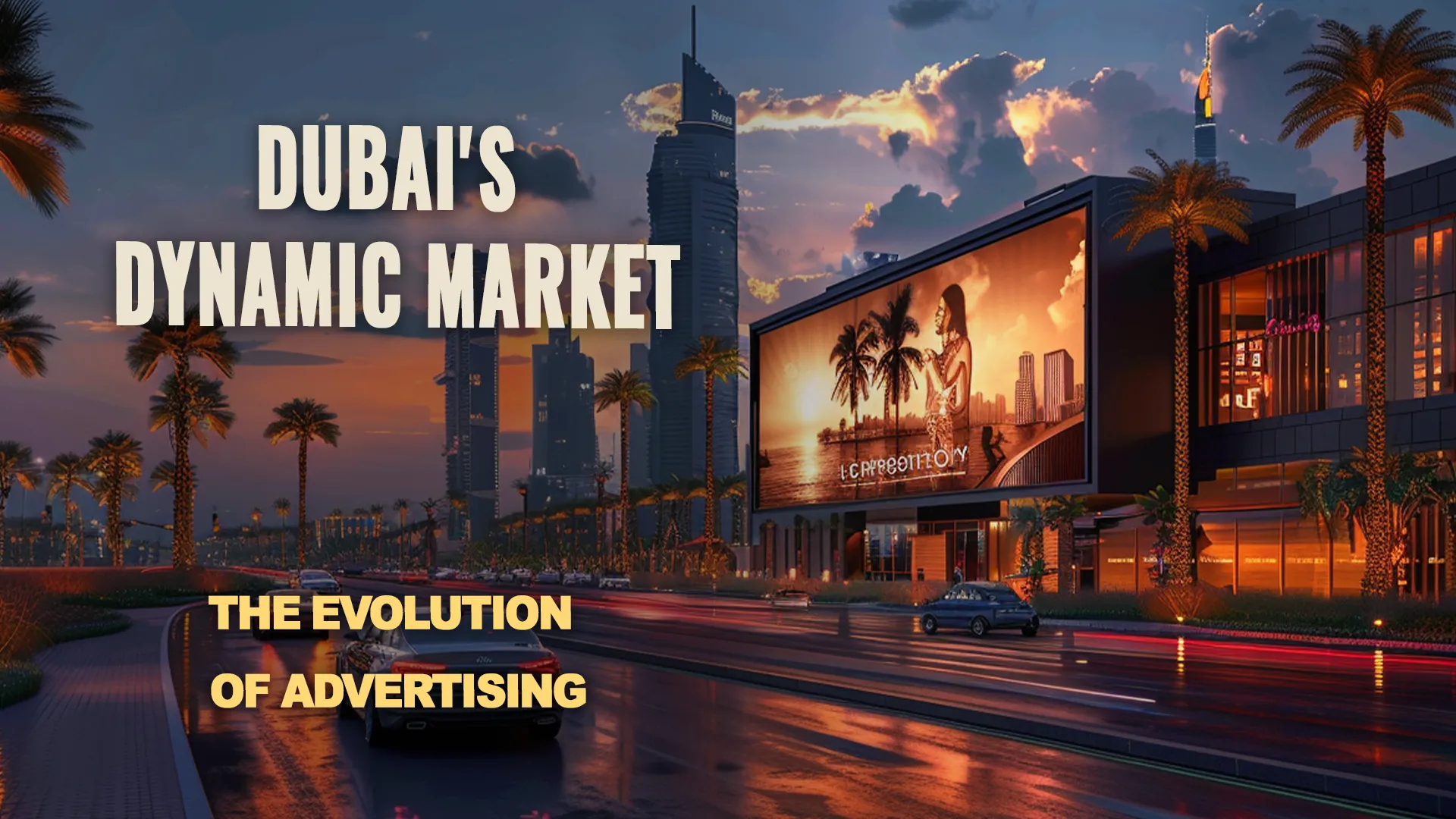 On a busy Dubai highway, a large billboard is displayed amidst heavy road traffic, with the city skyline of Dubai in the background.