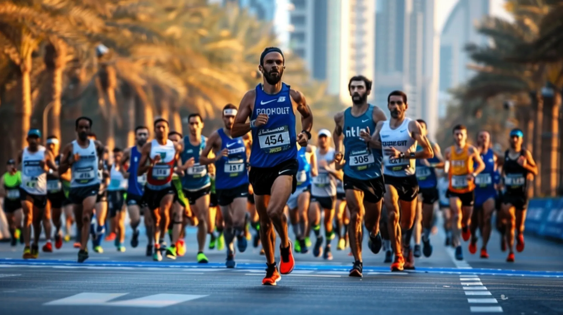 A group of athletes races through a marathon course in Dubai, with one runner surging ahead, showcasing intense competition and determination in the vibrant city setting.