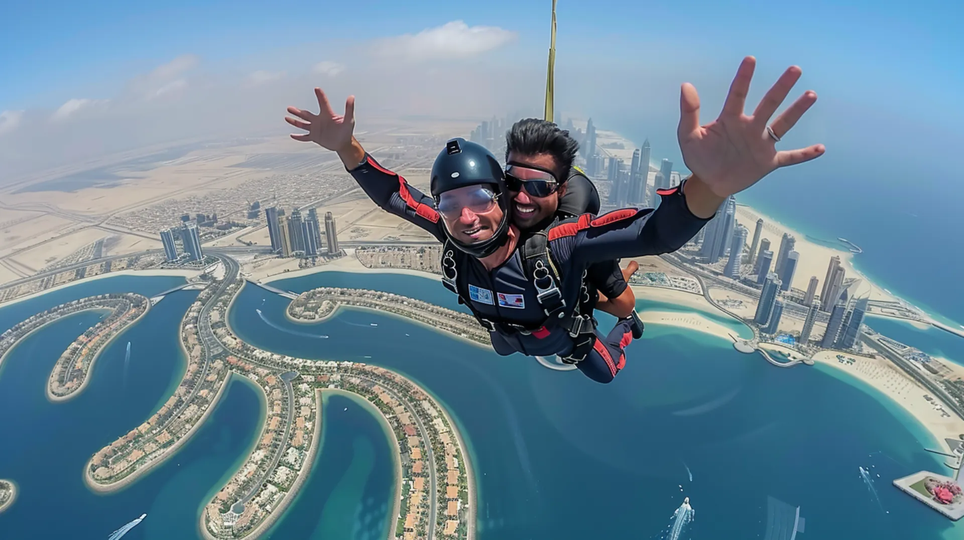 A daring man enjoys a tandem skydiving experience with an instructor in Dubai, soaring through the sky against the backdrop of the city's stunning skyline