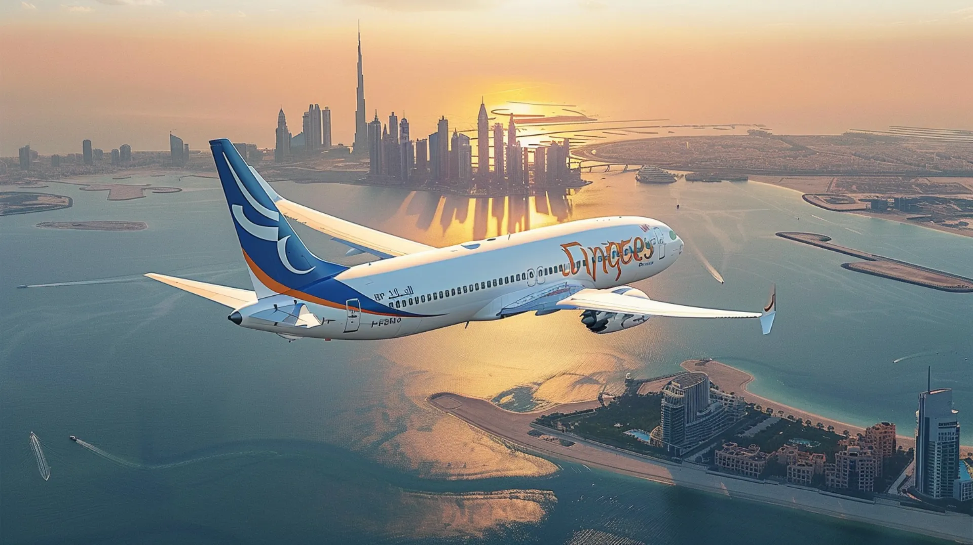 An airplane soars over Dubai as the sun sets, painting the sky in hues of orange and pink, creating a stunning aerial view of the cityscape 