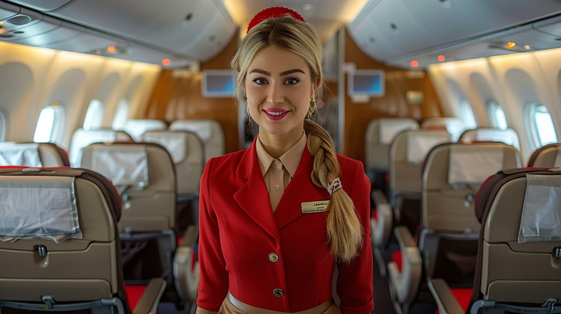 Onboard the aircraft, a stewardess in a red uniform attends to passengers, ensuring a comfortable and safe flight experience