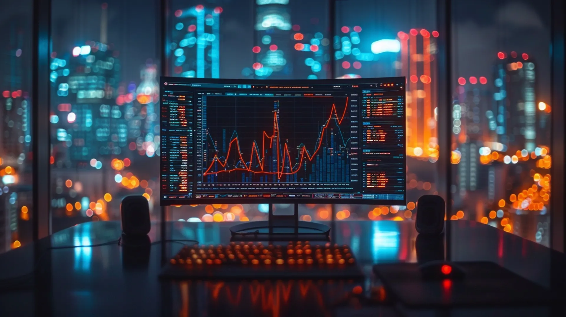   A computer sits on the table in a room for database analysis, with a view of the city lights shining through the window at night