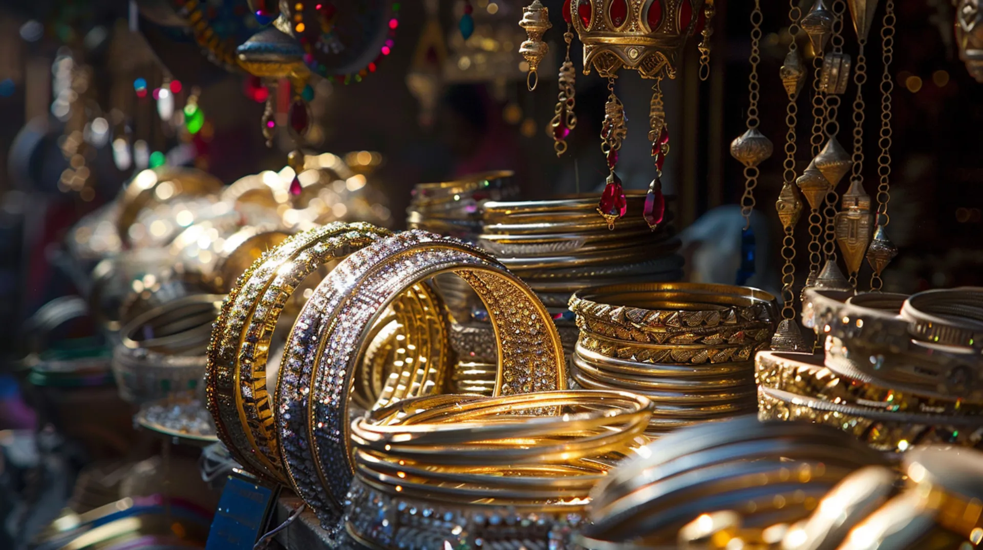 A smiling shopper carrying bags filled with purchases from the Neighborhood Deira Gold Souk.